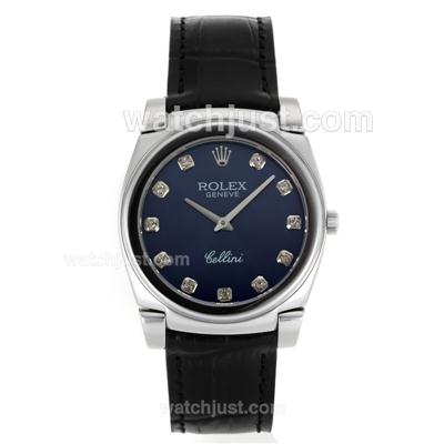 Rolex Cellini Diamond Markers with Blue Dial-Black Leather Strap