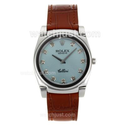 Rolex Cellini Diamond Markers with Blue Dial-Brown Leather Strap