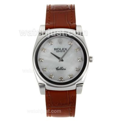 Rolex Cellini Diamond Markers with MOP Dial-Brown Leather Strap