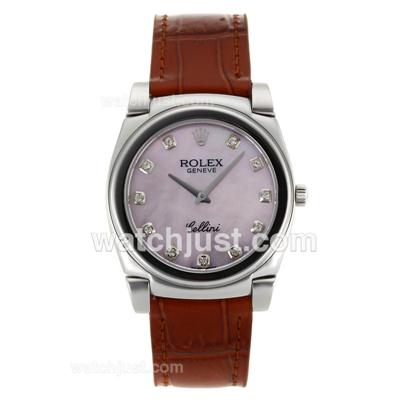 Rolex Cellini Diamond Markers with Pink MOP Dial-Brown Leather Strap