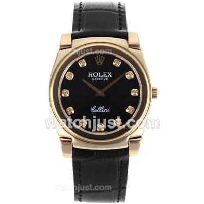 Rolex Cellini Full Gold Case Diamond Markers with Black Dial-Black Leather Strap