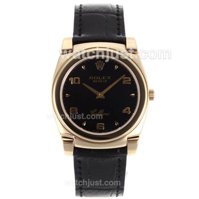 Rolex Cellini Full Gold Case Number/Stick Markers with Black Dial-Black Leather Strap