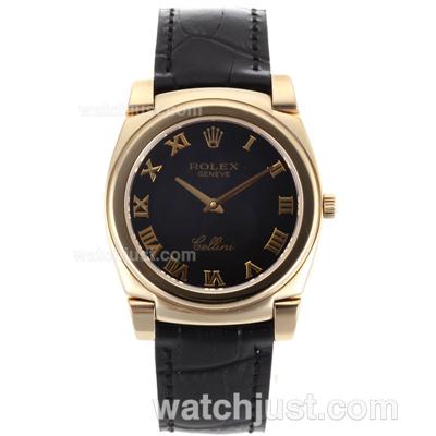 Rolex Cellini Full Gold Case Roman Markers with Black Dial-Black Leather Strap
