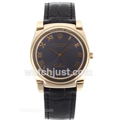 Rolex Cellini Full Gold Case Roman Markers with Gray Dial-Black Leather Strap