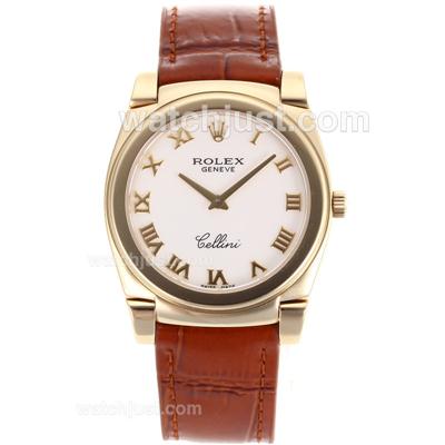 Rolex Cellini Full Gold Case Roman Markers with White Dial-Brown Leather Strap