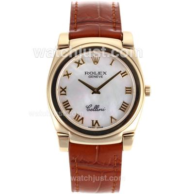 Rolex Cellini Full Gold Case Roman Markers with White Mop Dial-Brown Leather Strap