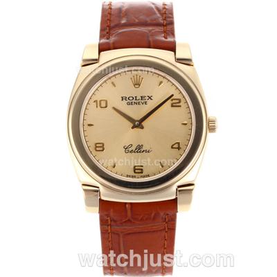 Rolex Cellini Full Gold Case with Golden Dial-Brown Leather Strap