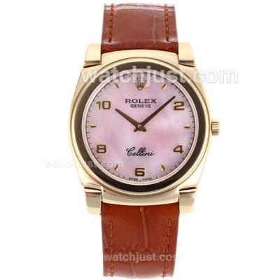 Rolex Cellini Full Gold Case with Pink Mop Dial-Brown Leather Strap