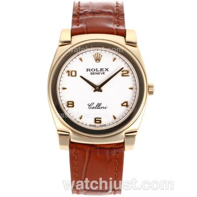 Rolex Cellini Full Gold Case with White Dial-Brown Leather Strap