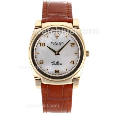 Rolex Cellini Full Gold Case with White Mop Dial-Brown Leather Strap