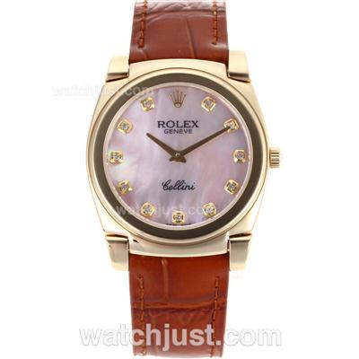 Rolex Cellini Full Gold Diamond Markers with Pink Mop Dial-Brown Leather Strap