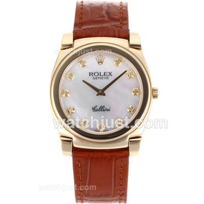 Rolex Cellini Full Gold Diamond Markers with White Mop Dial-Brown Leather Strap
