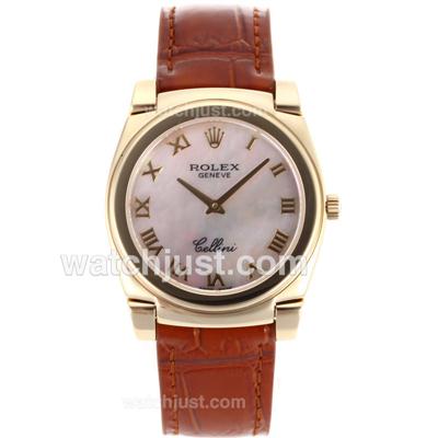 Rolex Cellini Full Gold Roman Markers with Mop Dial-Brown Leather Strap