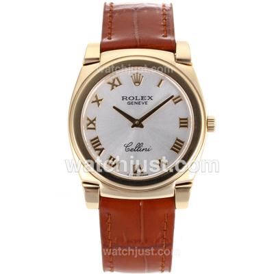 Rolex Cellini Full Gold Roman Markers with White Dial-Brown Leather Strap