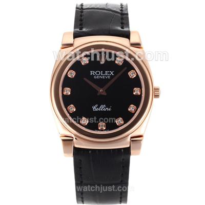 Rolex Cellini Full Rose Gold Case Diamond Markers with Black Dial-Black Leather Strap