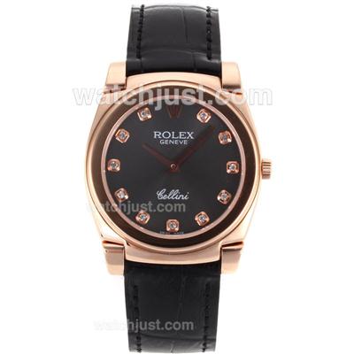 Rolex Cellini Full Rose Gold Case Diamond Markers with Gray Dial-Black Leather Strap