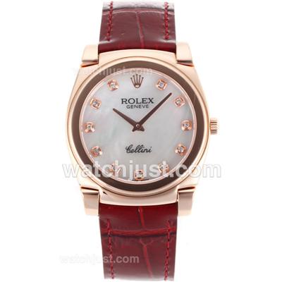 Rolex Cellini Full Rose Gold Case Diamond Markers with White MOP Dial-Brown Leather Strap