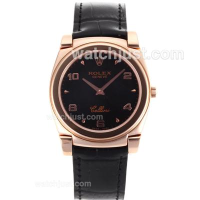 Rolex Cellini Full Rose Gold Case Number/Stick Markers with Black Dial-Black Leather Strap