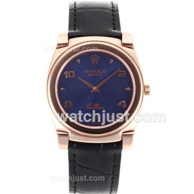 Rolex Cellini Full Rose Gold Case Number/Stick Markers with Blue Dial-Black Leather Strap