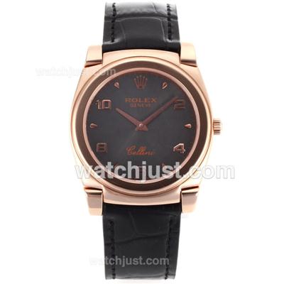 Rolex Cellini Full Rose Gold Case Number/Stick Markers with Gray Dial-Black Leather Strap