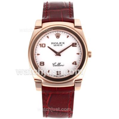 Rolex Cellini Full Rose Gold Case Number/Stick Markers with White MOP Dial-Brown Leather Strap