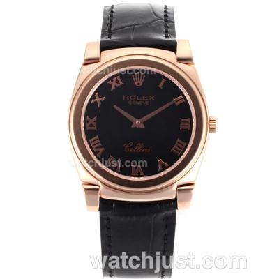 Rolex Cellini Full Rose Gold Case Roman Markers with Black Dial-Black Leather Strap