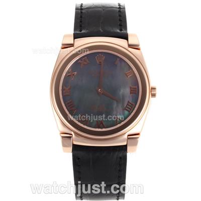 Rolex Cellini Full Rose Gold Case Roman Markers with Black MOP Dial-Black Leather Strap