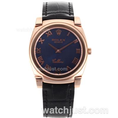 Rolex Cellini Full Rose Gold Case Roman Markers with Blue Dial-Black Leather Strap