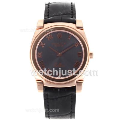 Rolex Cellini Full Rose Gold Case Roman Markers with Gray Dial-Black Leather Strap