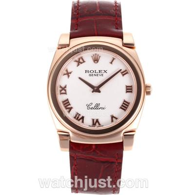 Rolex Cellini Full Rose Gold Case Roman Markers with White Dial-Brown Leather Strap