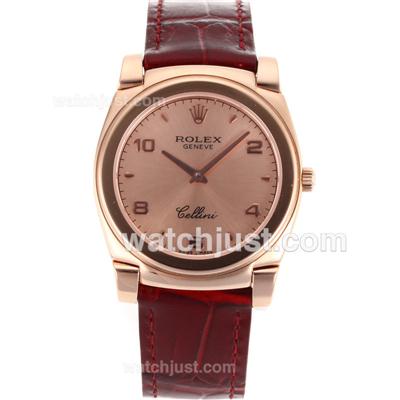 Rolex Cellini Full Rose Gold Case with Champagne Dial-Red Leather Strap