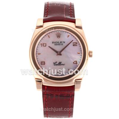 Rolex Cellini Full Rose Gold Case with Pink Mop Dial-Red Leather Strap