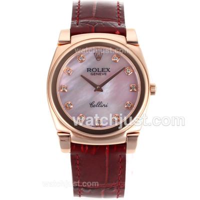 Rolex Cellini Full Rose Gold Diamond Markers with Mop Dial-Red Leather Strap