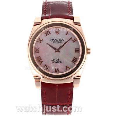Rolex Cellini Full Rose Gold Roman Markers with Mop Dial-Red Leather Strap