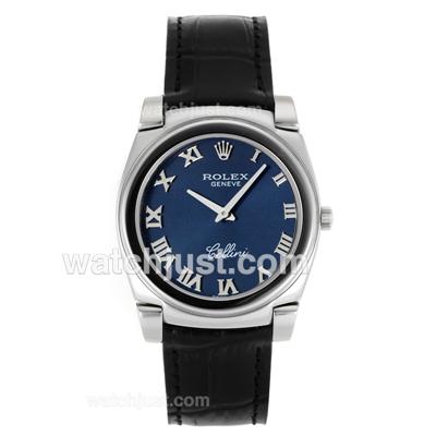 Rolex Cellini Roman Markers with Blue Dial-Black Leather Strap