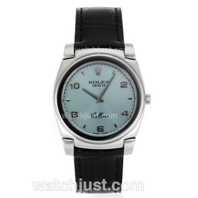 Rolex Cellini Roman Markers with Light Blue Dial-Black Leather Strap