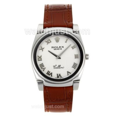 Rolex Cellini Roman Markers with White Dial-Brown Leather Strap