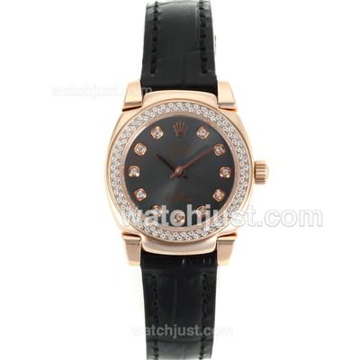 Rolex Cellini Rose Gold Case Diamond Bezel and Markers with Black Dial-Leather Strap