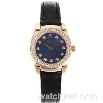 Rolex Cellini Rose Gold Case Diamond Bezel and Markers with Blue Dial-Leather Strap