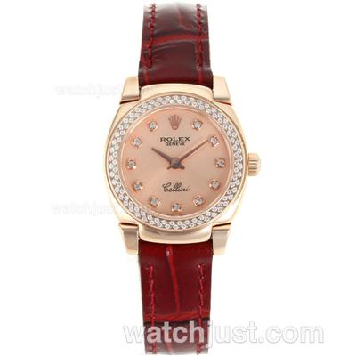 Rolex Cellini Rose Gold Case Diamond Bezel and Markers with Champagne Dial-Red Leather Strap