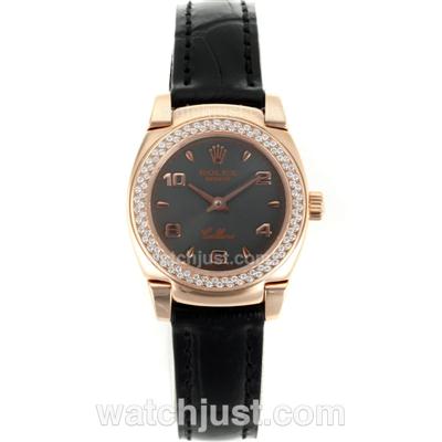 Rolex Cellini Rose Gold Case Diamond Bezel with Black Dial-Leather Strap