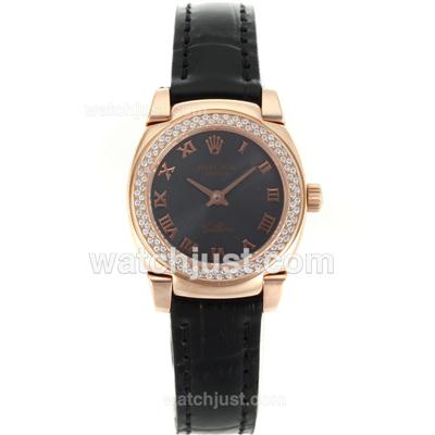 Rolex Cellini Rose Gold Case Diamond Bezel with Black Dial-Roman Markers