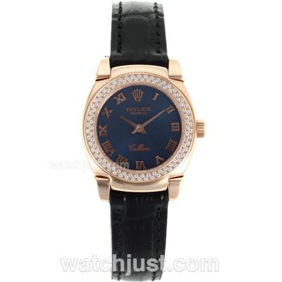 Rolex Cellini Rose Gold Case Diamond Bezel with Blue Dial-Leather Strap