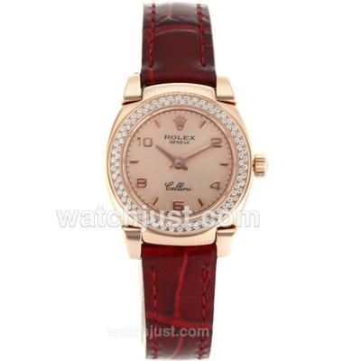 Rolex Cellini Rose Gold Case Diamond Bezel with Champagne Dial-Red Leather Strap