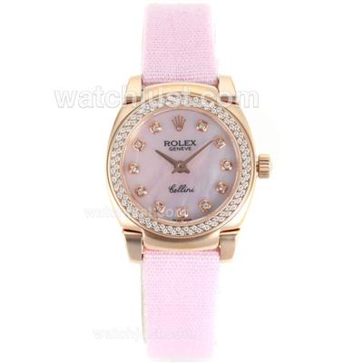 Rolex Cellini Rose Gold Case Diamond Bezel with Mop Dial-Pink Leather Strap