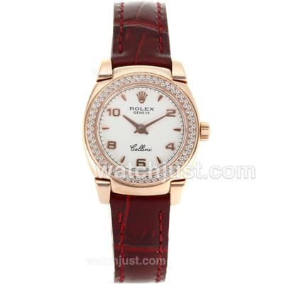 Rolex Cellini Rose Gold Case Diamond Bezel with White Dial-Red Leather Strap