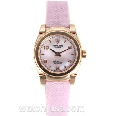 Rolex Cellini Rose Gold Case Diamond Bezel with White Mop Dial-Pink Leather Strap