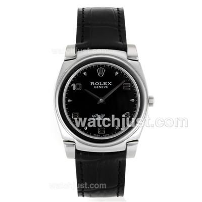 Rolex Cellini Stick/Number Markers with Black Dial-Black Leather Strap