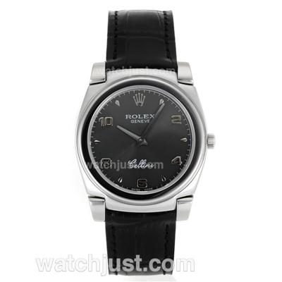 Rolex Cellini Stick/Number Markers with Gray Dial-Black Leather Strap