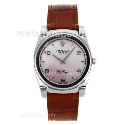 Rolex Cellini Stick/Number Markers with Pink MOP Dial-Brown Leather Strap